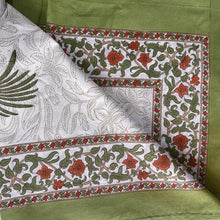 Load image into Gallery viewer, Forest green 6 seater Table cloth - block printed green jaal all over