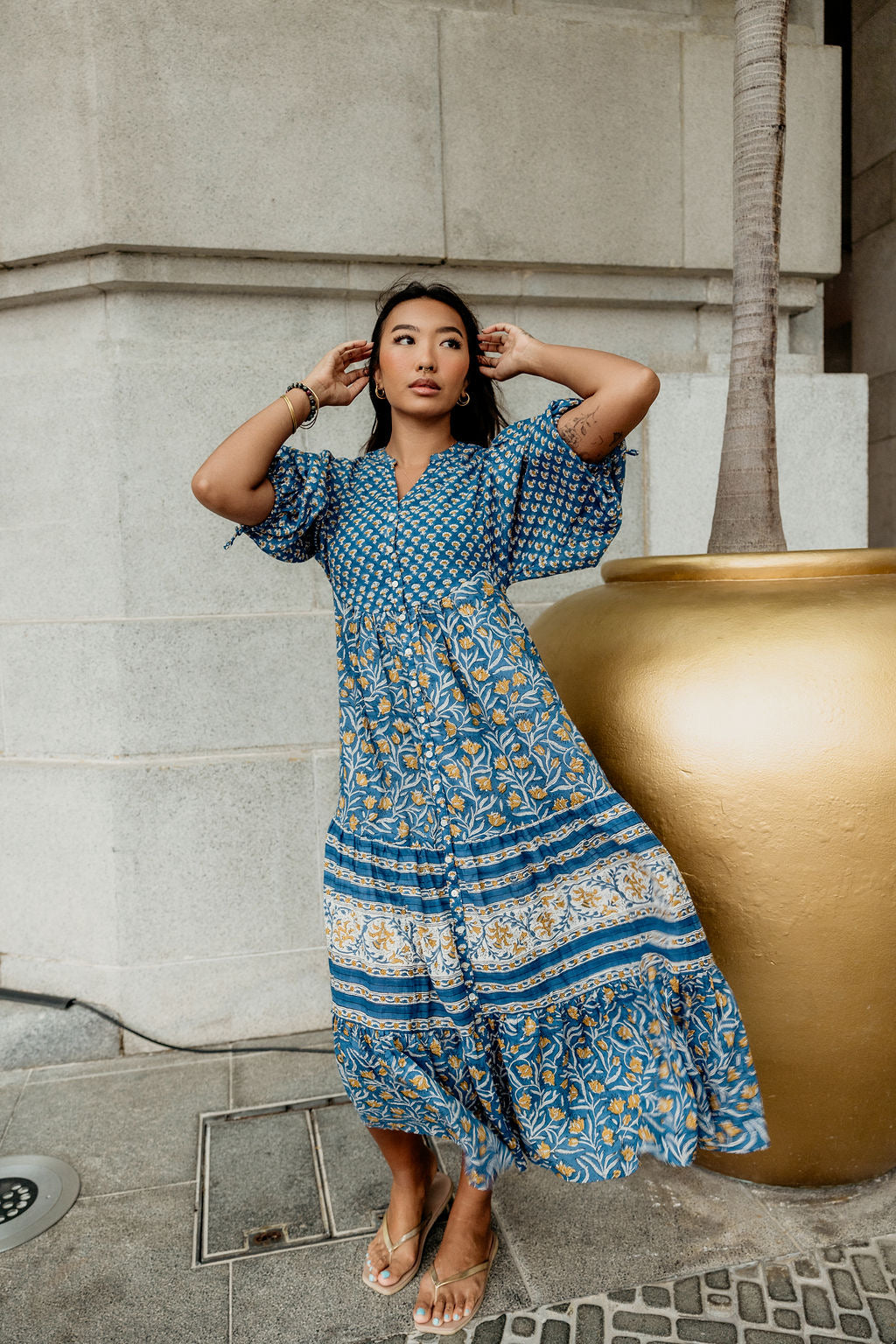 the CHILLI maxi - blue with mustard floral