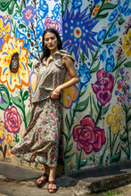 Load image into Gallery viewer, Godet Skirt - pea green w/ fuchsia floral
