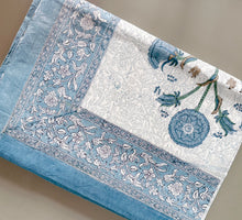 Load image into Gallery viewer, Cream with blue floral 6 seater Table cloth - block printed green jaal all over