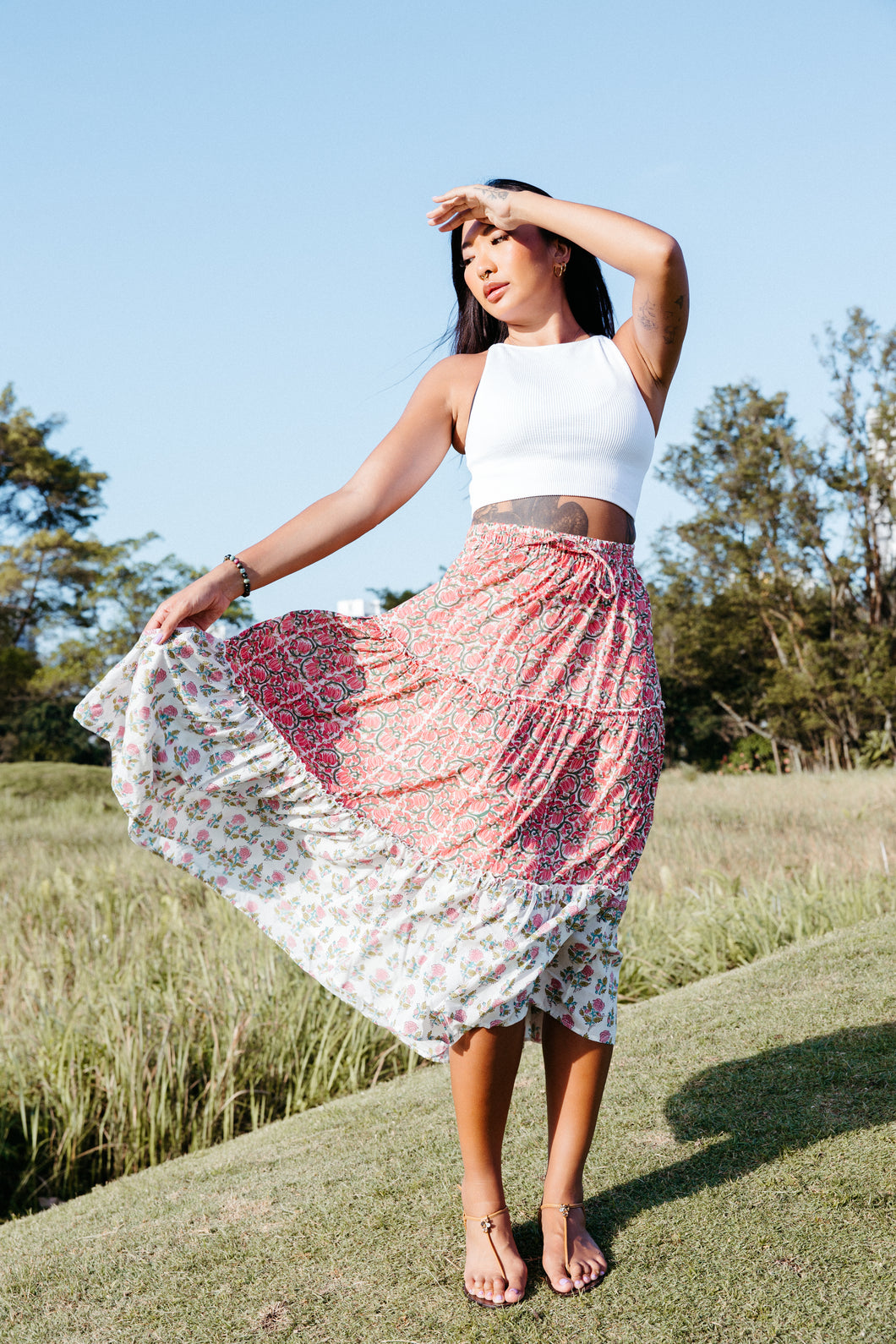 the CINNAMON skirt - pink vines tiered skirt with lining