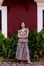 Load image into Gallery viewer, Godet Skirt - pea green w/ fuchsia floral