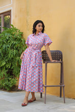 Load image into Gallery viewer, the PARSLEY MIDI dress - blue with pink & red butis