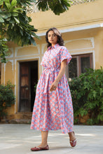 Load image into Gallery viewer, the PARSLEY MIDI dress - blue with pink & red butis