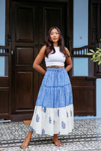 Load image into Gallery viewer, the CINNAMON skirt - Blue checks with white mughal buti

