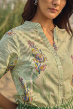 Load image into Gallery viewer, the HONEY top - soft green stripes with pink buta