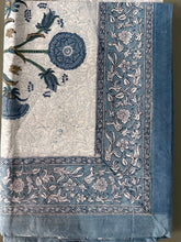 Load image into Gallery viewer, Cream with blue floral 6 seater Table cloth - block printed green jaal all over