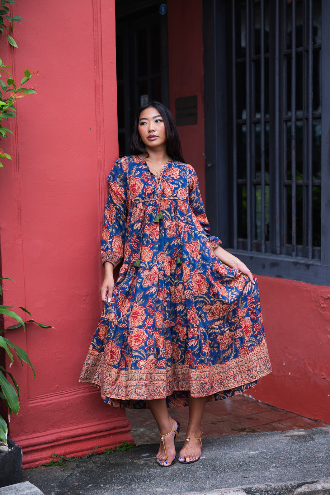 The Thyme Dress - navy with maroon floral 2.0