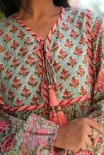Load image into Gallery viewer, The Thyme Dress - turquoise w/ rose pink floral
