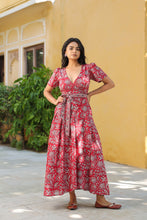 Load image into Gallery viewer, The CASSIA MAXI wrap dress - Red &amp; grey floral
