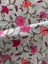 Load image into Gallery viewer, Turquoise blue with pink floral 6 seater Table cloth - block printed green jaal all over

