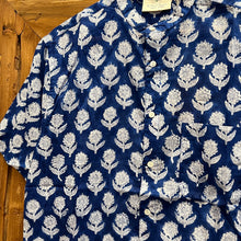 Load image into Gallery viewer, Men’s Mandarin collar shirt - blue with white floral
