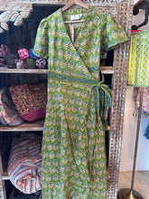 Load image into Gallery viewer, The CASSIA MAXI wrap dress - green w/ blue floral
