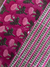 Load image into Gallery viewer, Magenta with pink butis 6 seater Table cloth - block printed green jaal all over
