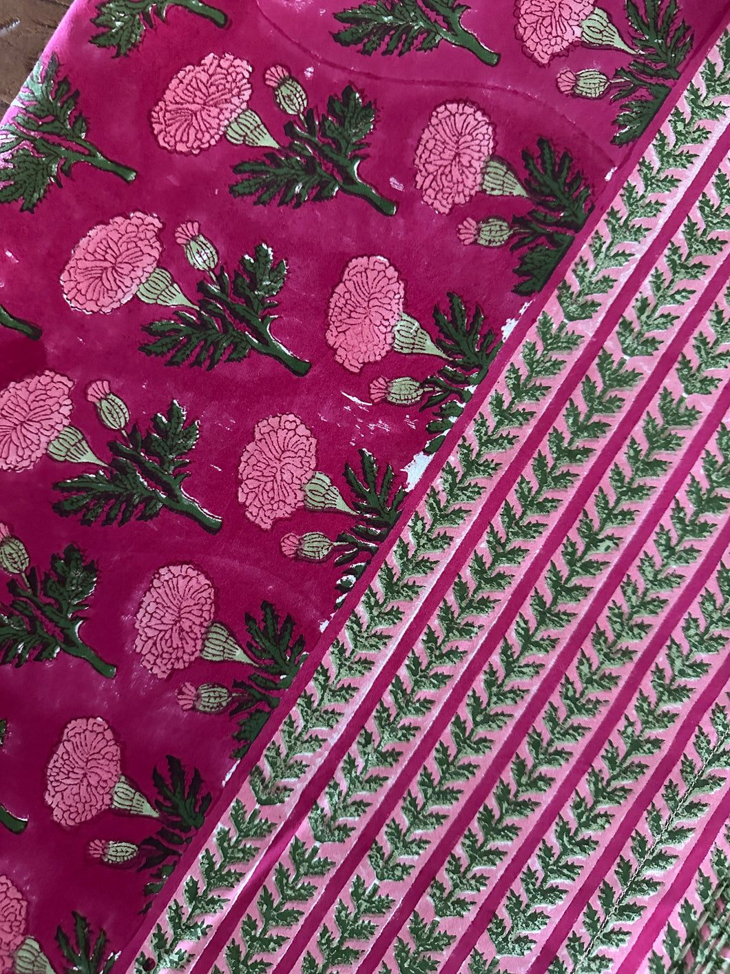 Magenta with pink butis 6 seater Table cloth - block printed green jaal all over