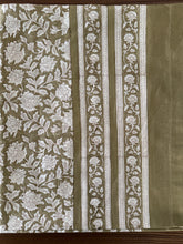 Load image into Gallery viewer, Olive green 6 seater Table cloth - block printed green jaal all over
