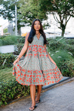 Load image into Gallery viewer, BORAGE MIDI dress - Green with red floral panels
