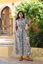 Load image into Gallery viewer, The MALABAR maxi (1/2 sleeves)- blue with red floral

