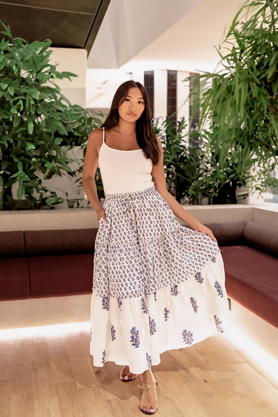 the CINNAMON skirt - blue & white tiered skirt with lining