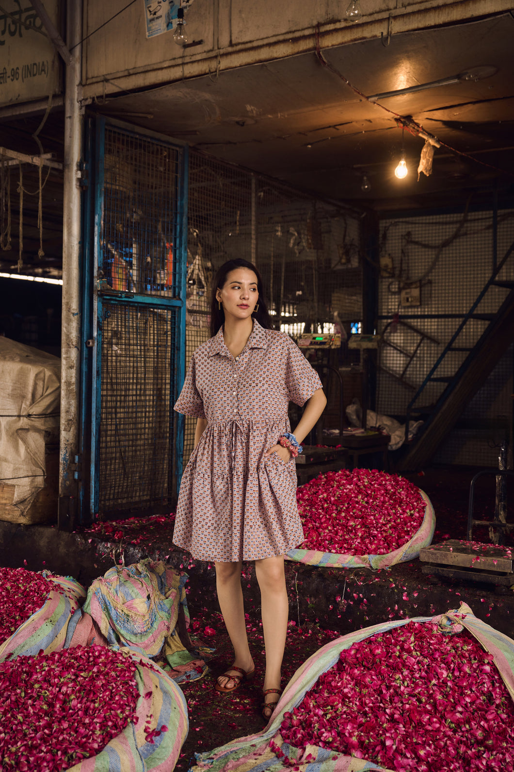 the PARSLEY dress - greyish beige with orange delicate butis(pattern)