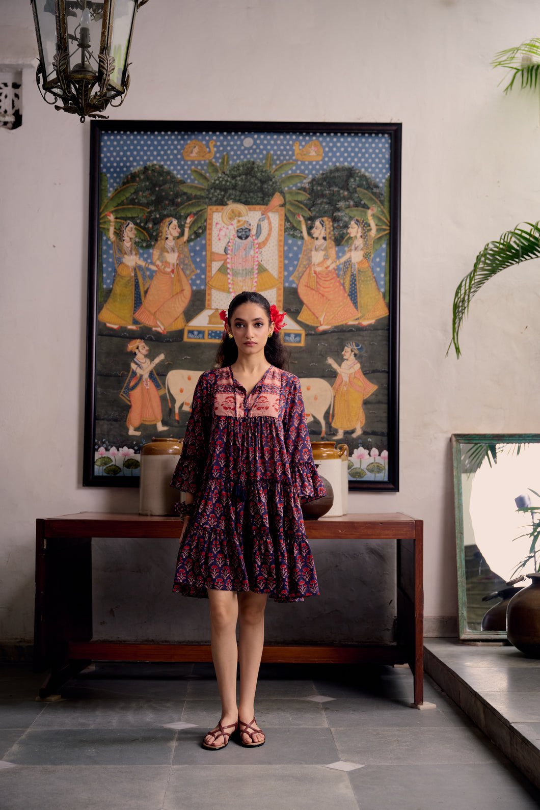 The STEVIA dress - vintage NAVY with red butis