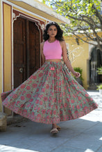 Load image into Gallery viewer, Panelled skirt with pockets - turquoise blue w/rose pink floral
