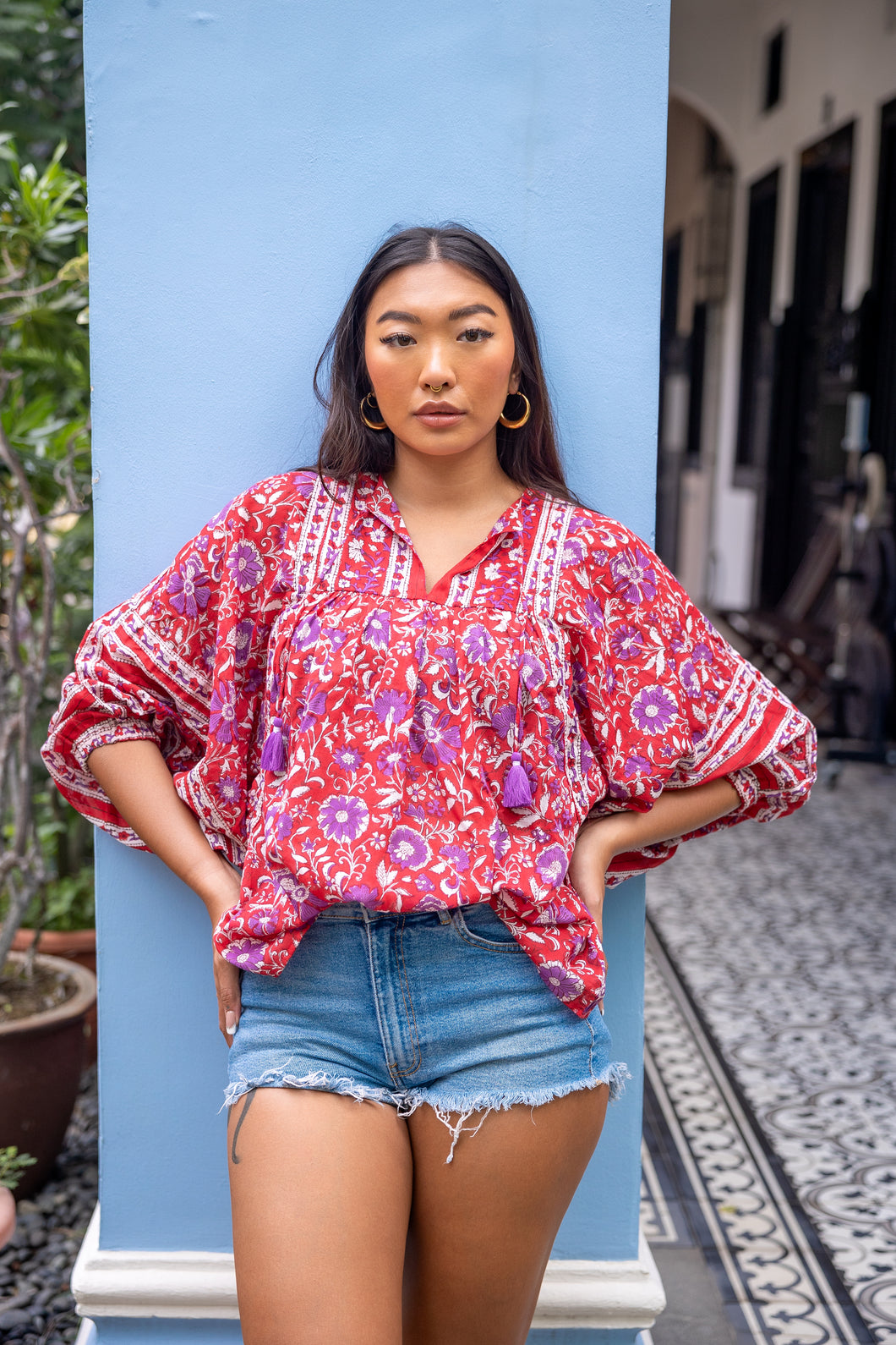 the MINT top - red with purple floral