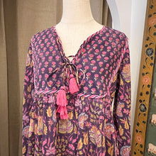 Load image into Gallery viewer, The Thyme Dress - deep purple w/ pink mustard floral
