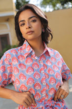 Load image into Gallery viewer, the PARSLEY MIDI dress - blue with pink &amp; red butis
