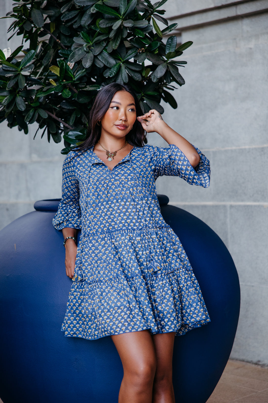 The STEVIA dress - Navy with mustard butis