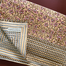 Load image into Gallery viewer, Soft orange with brown floral 6 seater Table cloth - block printed green jaal all over

