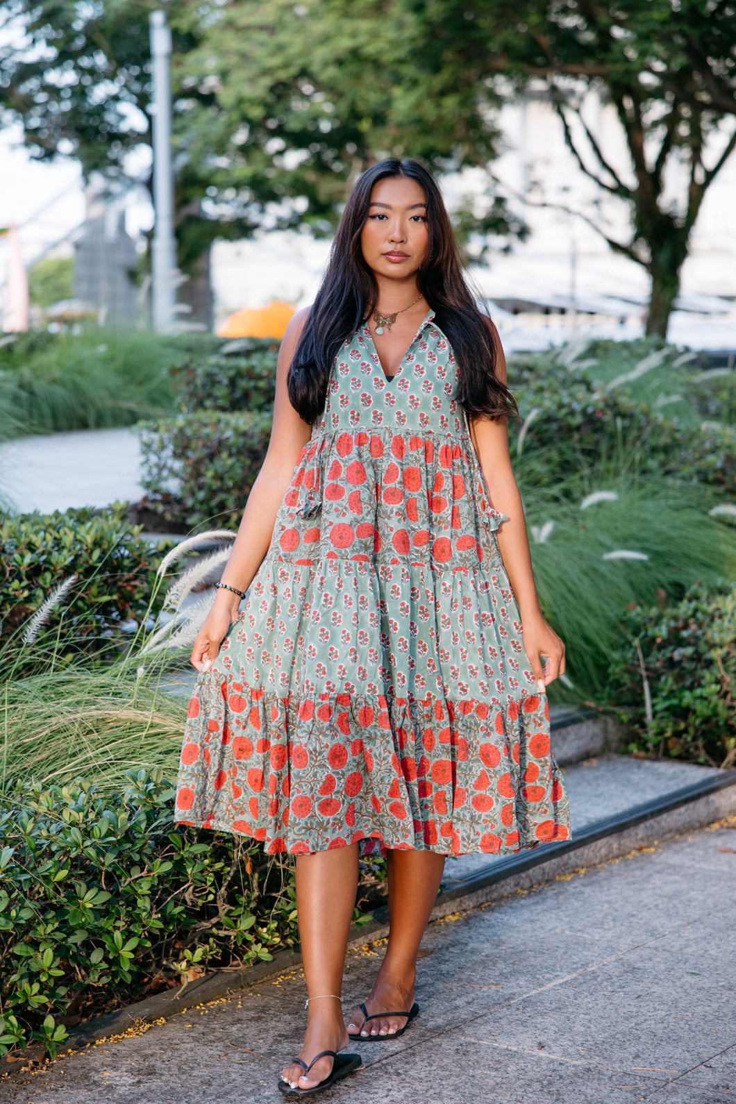 BORAGE MIDI dress - Green with red floral panels