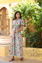 Load image into Gallery viewer, The MALABAR maxi (1/2 sleeves)- blue with red floral
