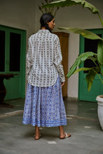 Load image into Gallery viewer, Panelled skirt with pockets - blue grey geometrics
