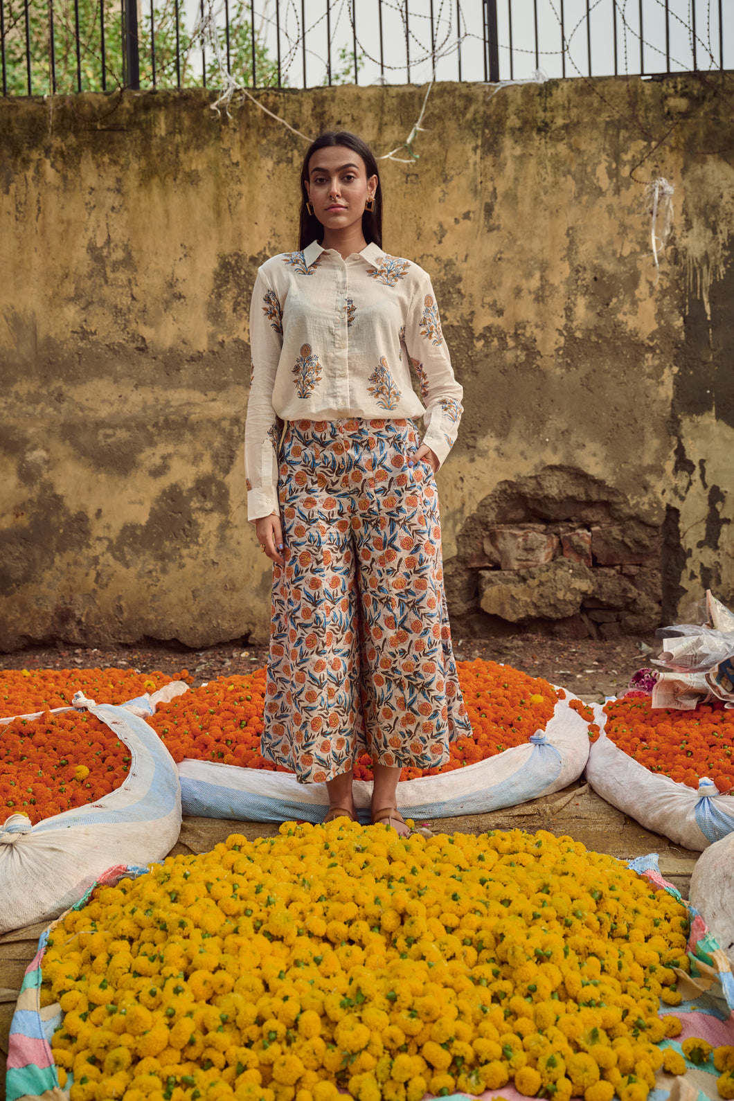 Rhubarb flared culottes - grey with orange floral