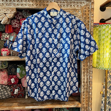 Load image into Gallery viewer, Men’s Mandarin collar shirt - blue with white floral
