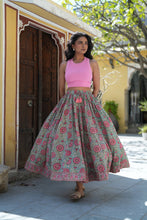 Load image into Gallery viewer, Panelled skirt with pockets - turquoise blue w/rose pink floral
