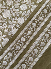 Load image into Gallery viewer, Olive green 6 seater Table cloth - block printed green jaal all over
