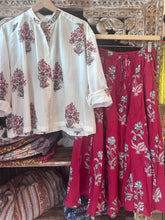 Load image into Gallery viewer, the Godet Skirt - dark red w/ grey floral
