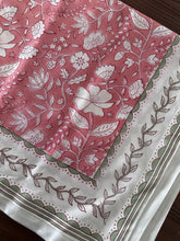 Load image into Gallery viewer, Peach pink floral 6 seater Table cloth - block printed green jaal all over
