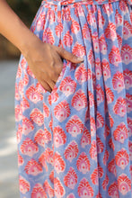 Load image into Gallery viewer, the PARSLEY MIDI dress - blue with pink &amp; red butis
