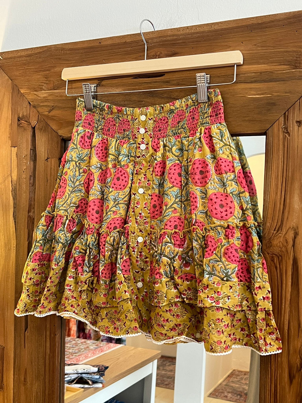 The DILL skirt - mustard green with magenta flowers