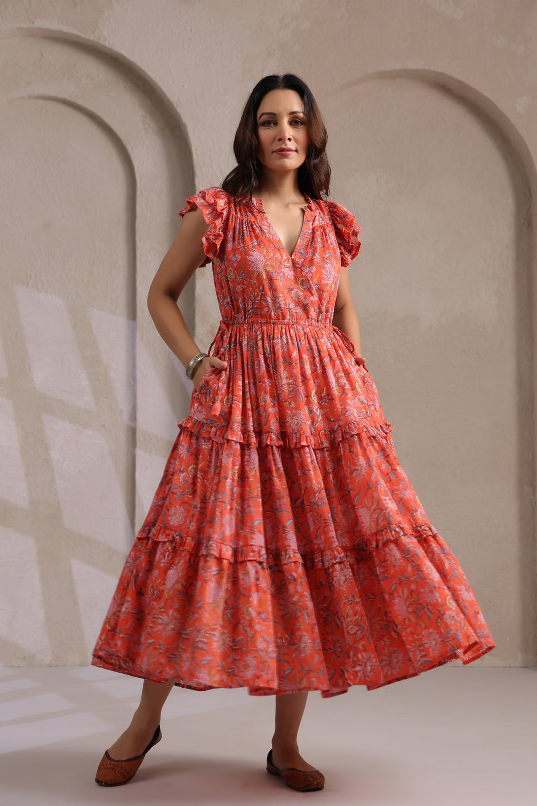 the CILANTRO midi - apricot w/ pink floral