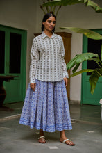 Load image into Gallery viewer, Panelled skirt with pockets - blue grey geometrics
