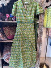Load image into Gallery viewer, The CASSIA MAXI wrap dress - green w/ blue floral
