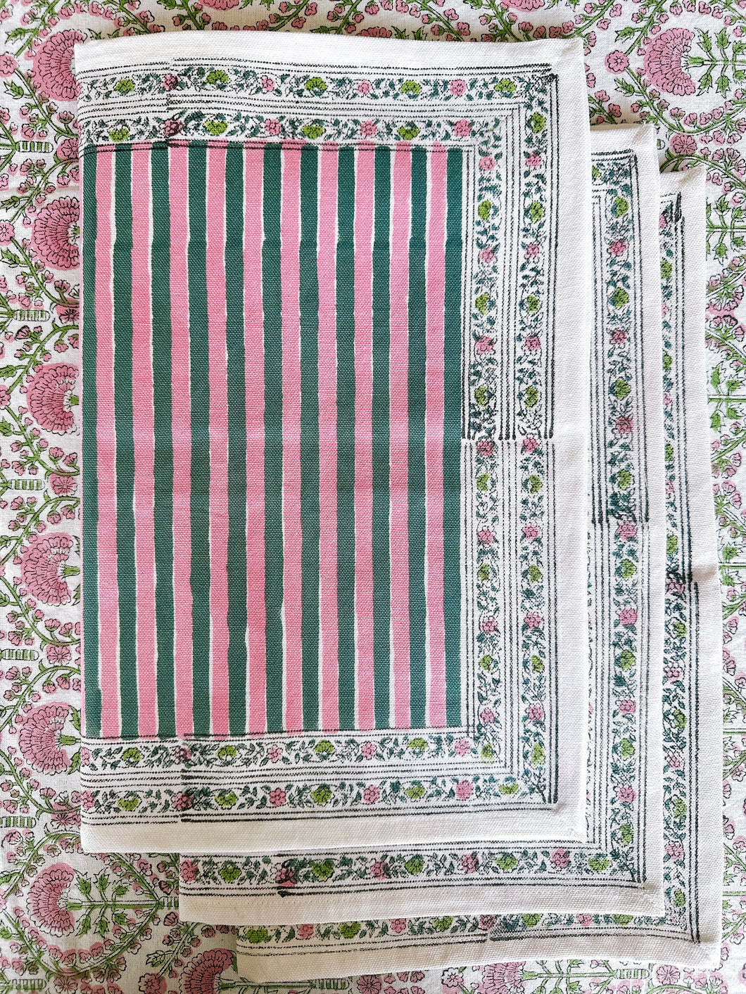 RANI/Placemats - Green Pink Stripes(set of 6)