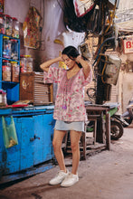Load image into Gallery viewer, the CELERY top - soft pink jaal/lurex block printed
