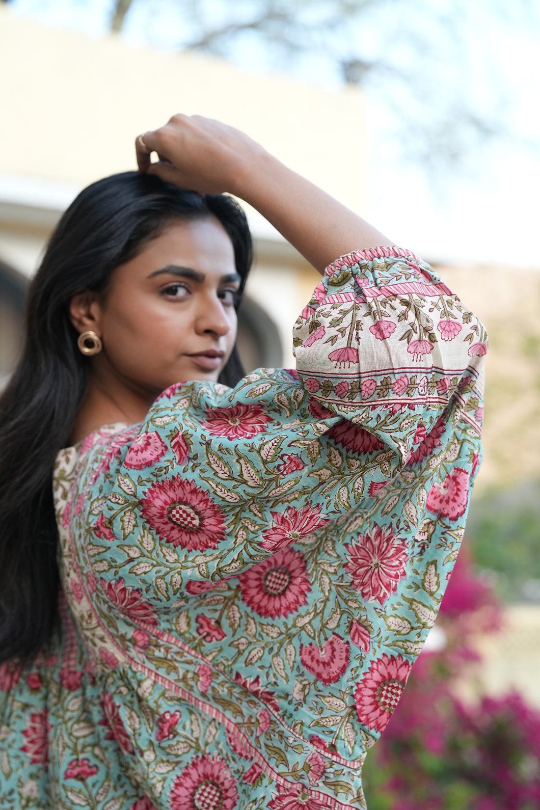 the MINT top - Turquoise blue with pink floral