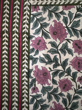 Load image into Gallery viewer, Cream with pink floral 6 seater Table cloth - block printed green jaal all over
