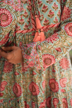 Load image into Gallery viewer, The Thyme Dress - turquoise w/ rose pink floral
